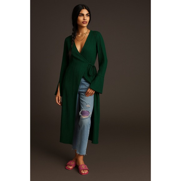 Savannah Morrow Sky Wrap Midi Maxi Dress Long Sleeve Green Crinkle Bamboo Silk - Picture 10 of 10